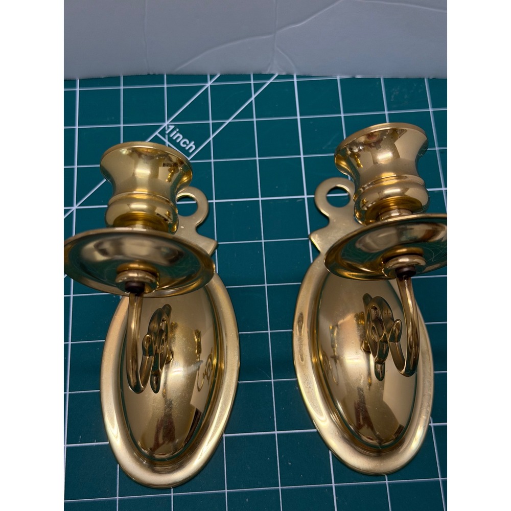 Vintage Solid Brass Wall Sconce‎ Candle Holders Pair Oval Polished Gold Tone 7"